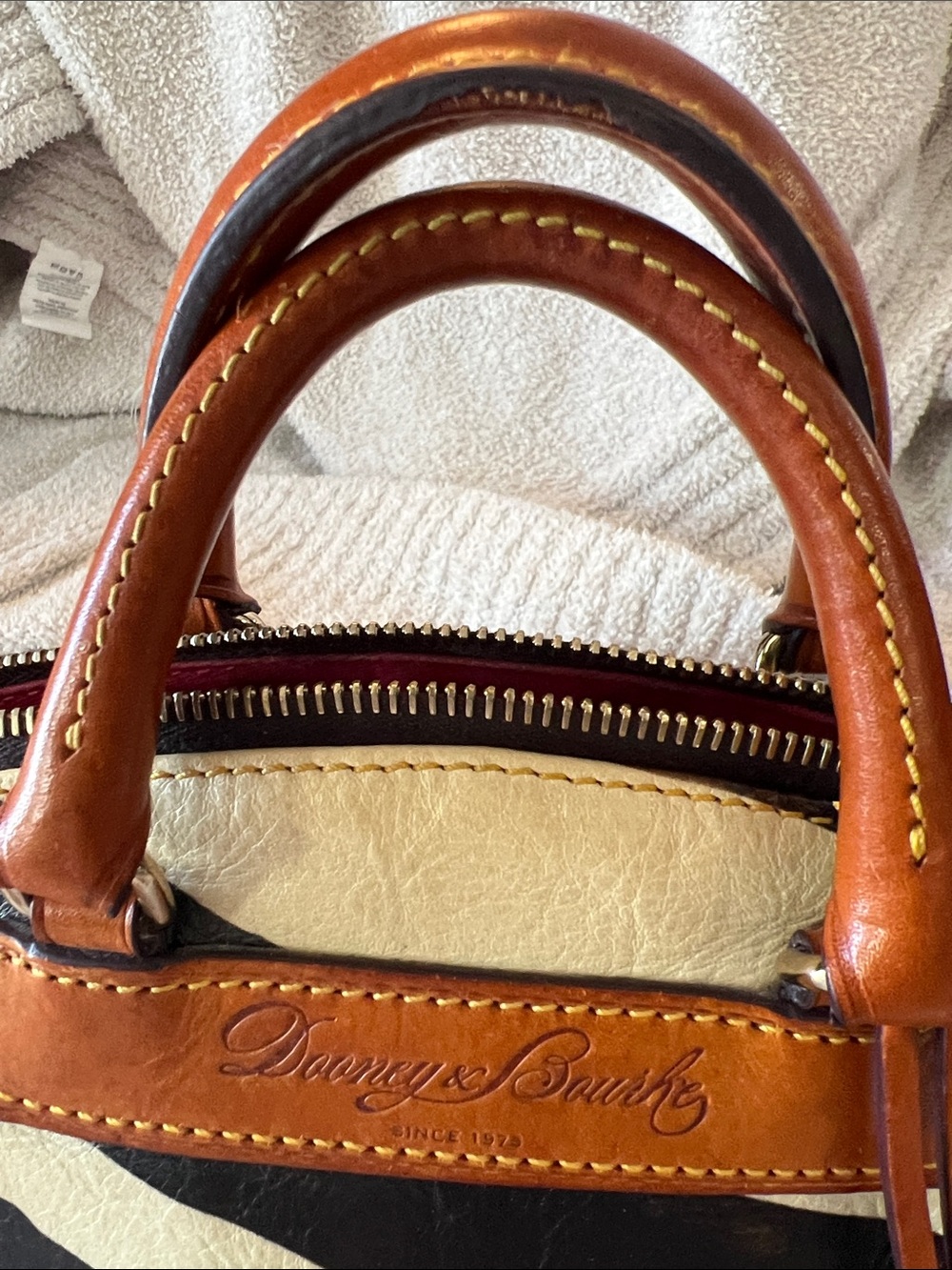 Dooney & Bourke Black and Cream Zebra-Print Satchel with Tan Trim - Picture 2 of 9